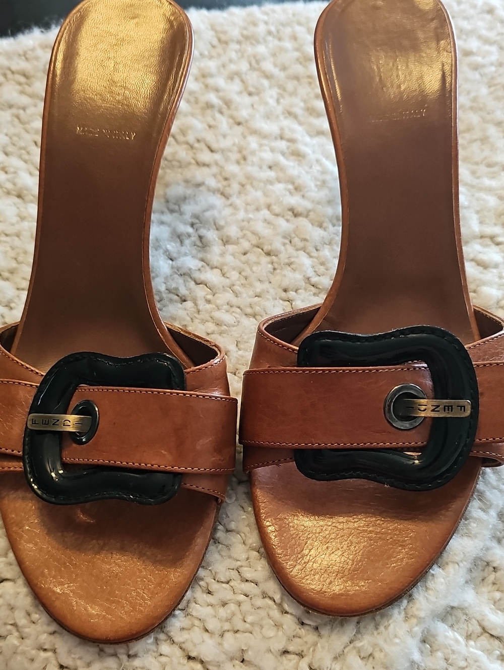 Fendi Tan Leather Slide Kitten Heels with Black Patent Buckle